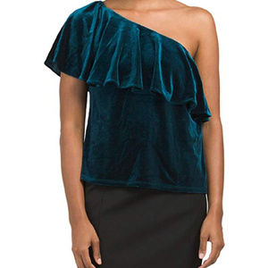 NWT Bella Chica Velvet Teal One Shoulder Ruffle Top